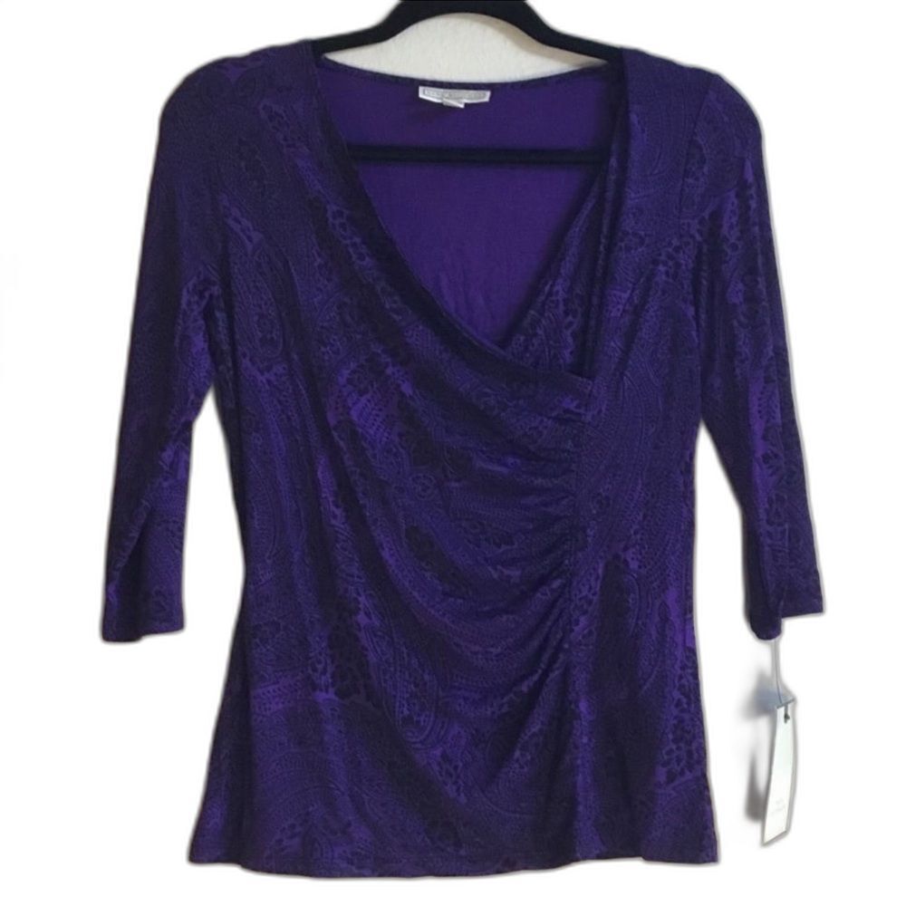 NWT Dana Buchman purple asymmetrical wrap paisley top fairycore witchy S petite